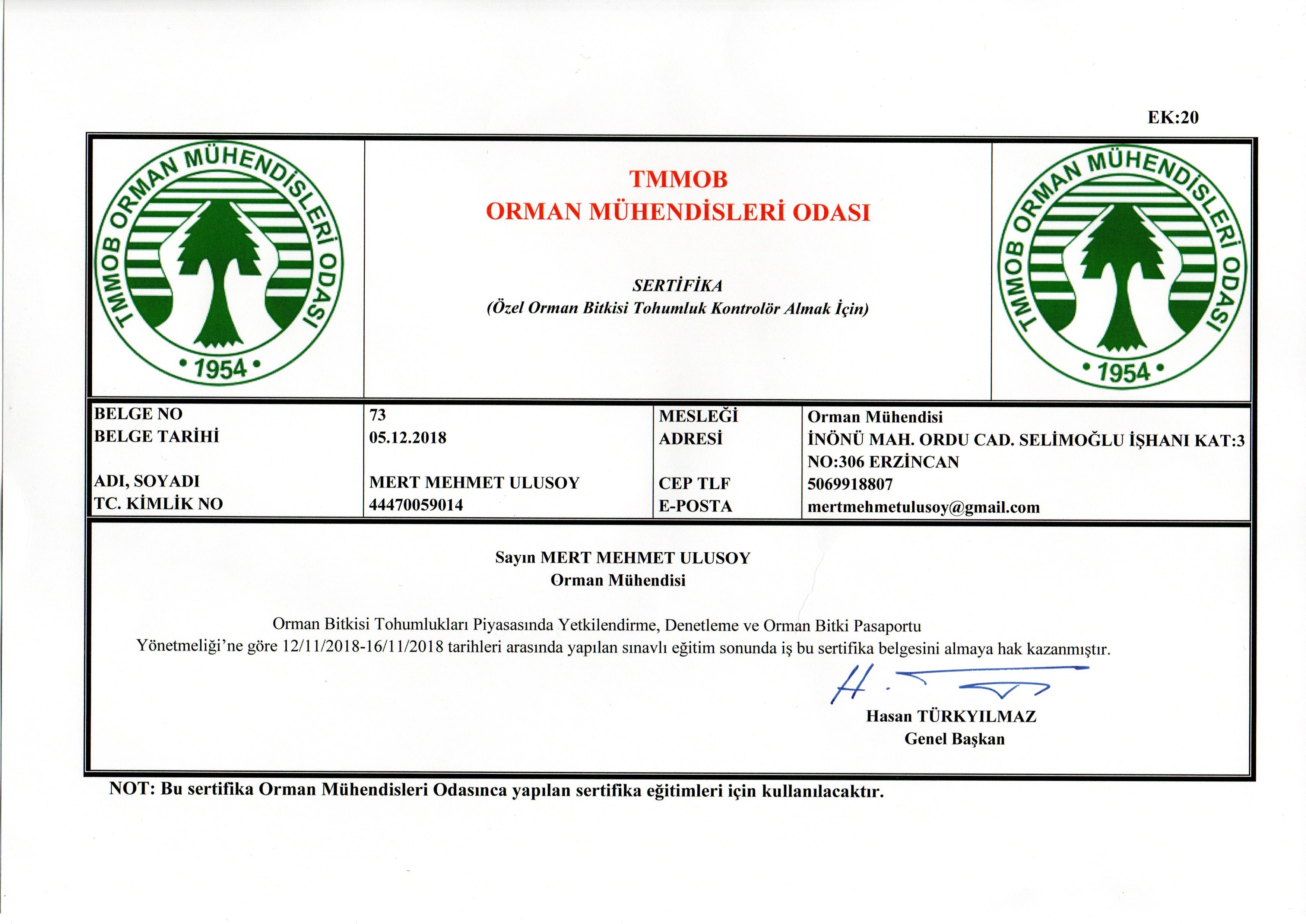 Özel Orman Bitkisi Tohumluk Kontrolör Sertifikası